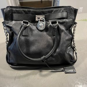 Michael Kors Hamilton large satchel tote, soft black leather, silver har…
